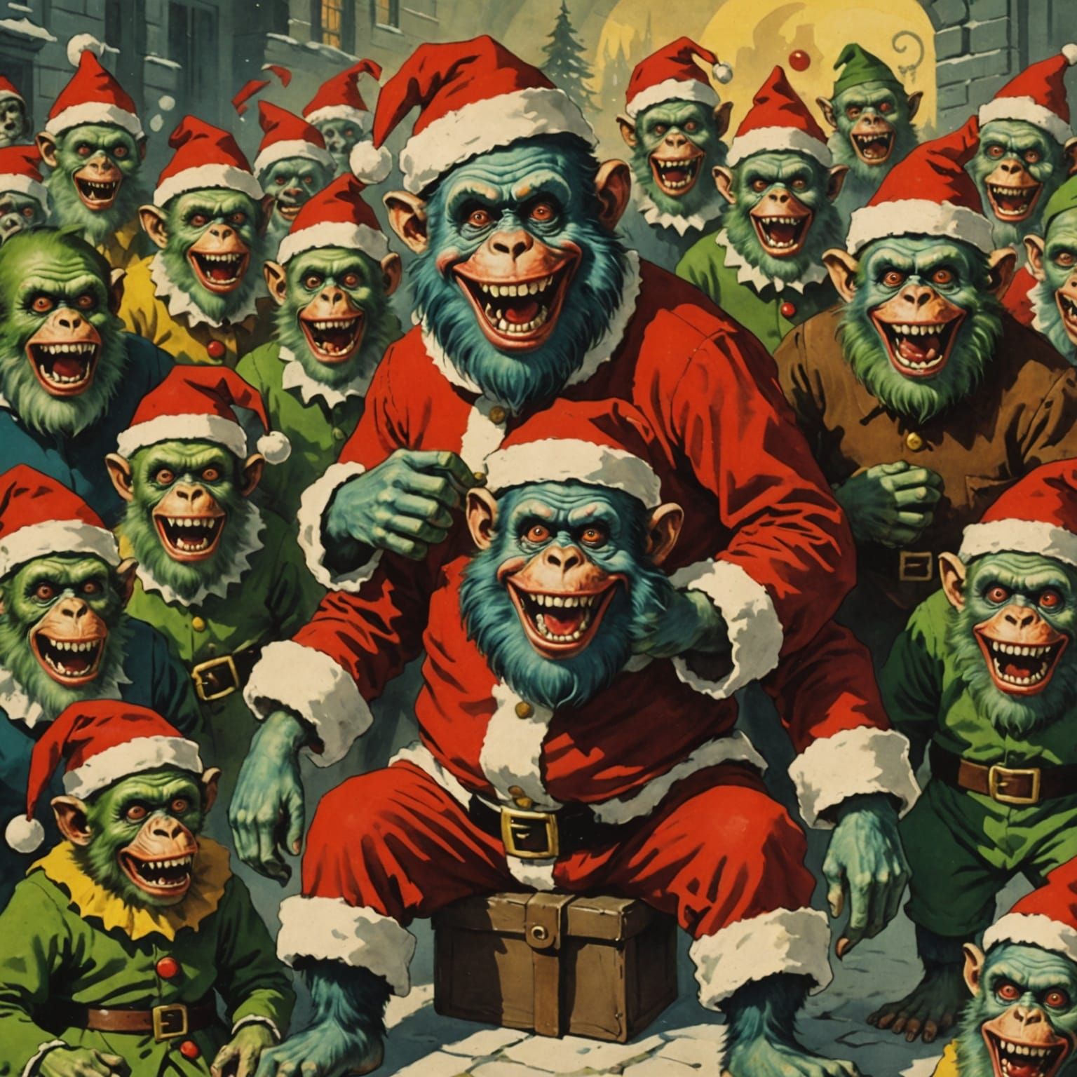 Chaos of Clashing Holiday Icons in Vintage Postcard Style