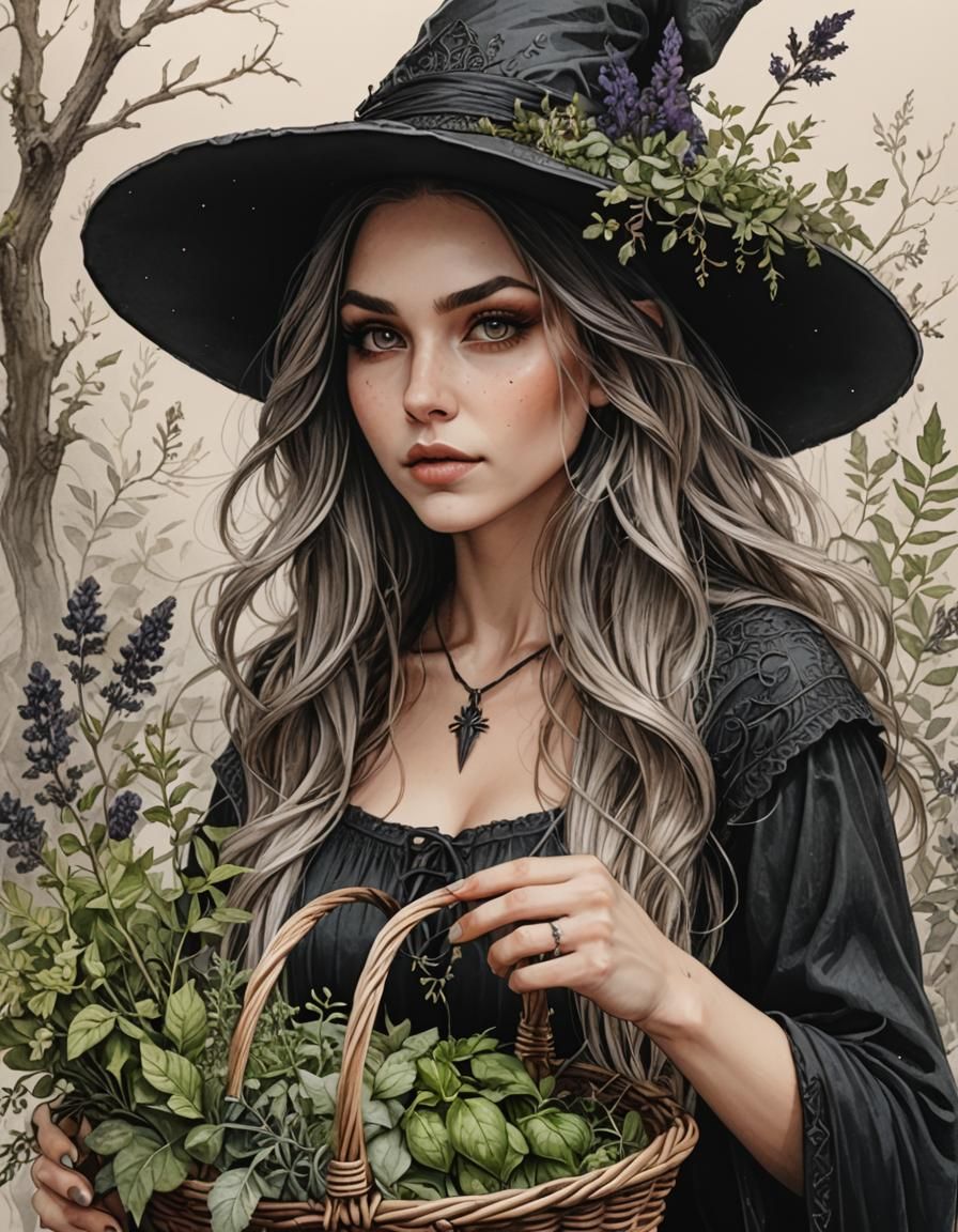 Beautiful Witch Picking Herbs in Stunning Sketch Art