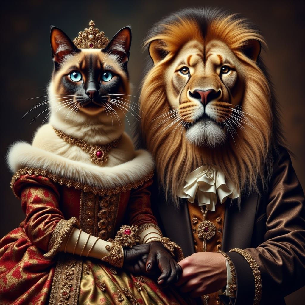Cat Princess and Lion King in Victorian Attire: Hyperrealism...