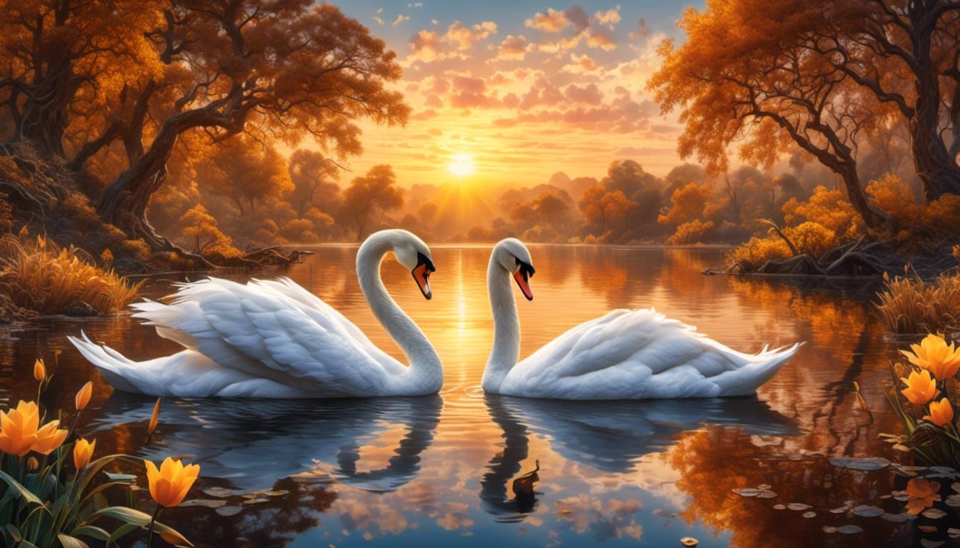 Swan Glides on Lake at Sunset in Hyperrealism