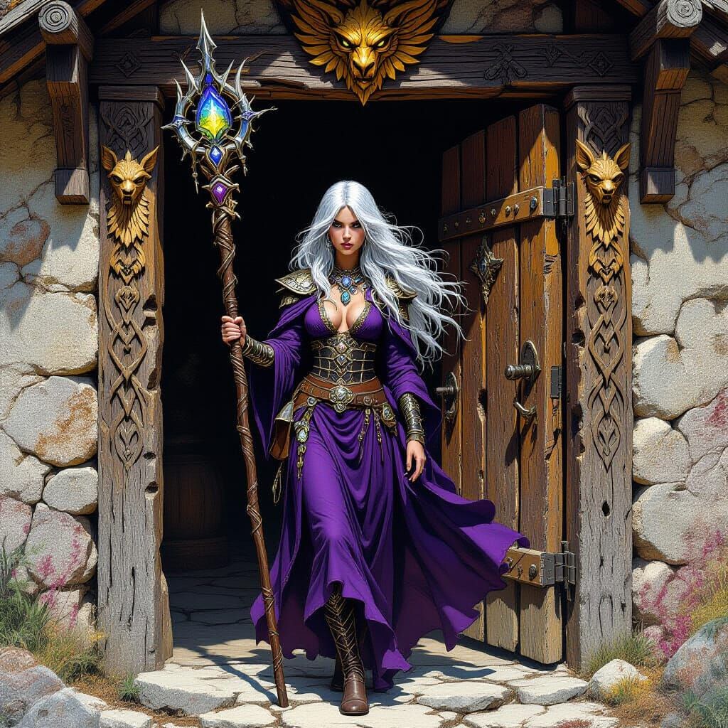 Sorceress at Ancient Tavern Entrance in Dark Fantasy Style