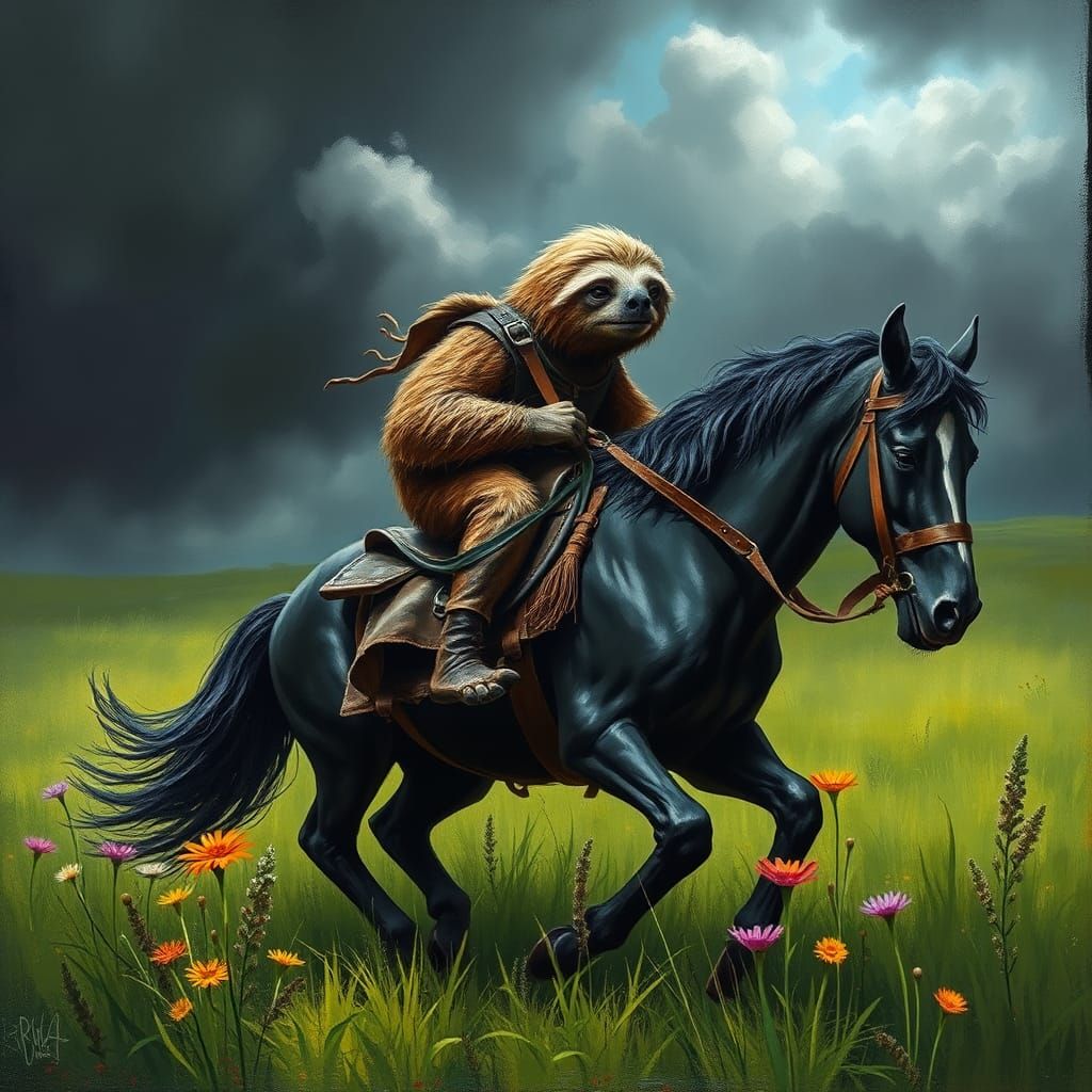 Sloth Rides Horse Through Emerald Field in Dark Fantasy Styl...