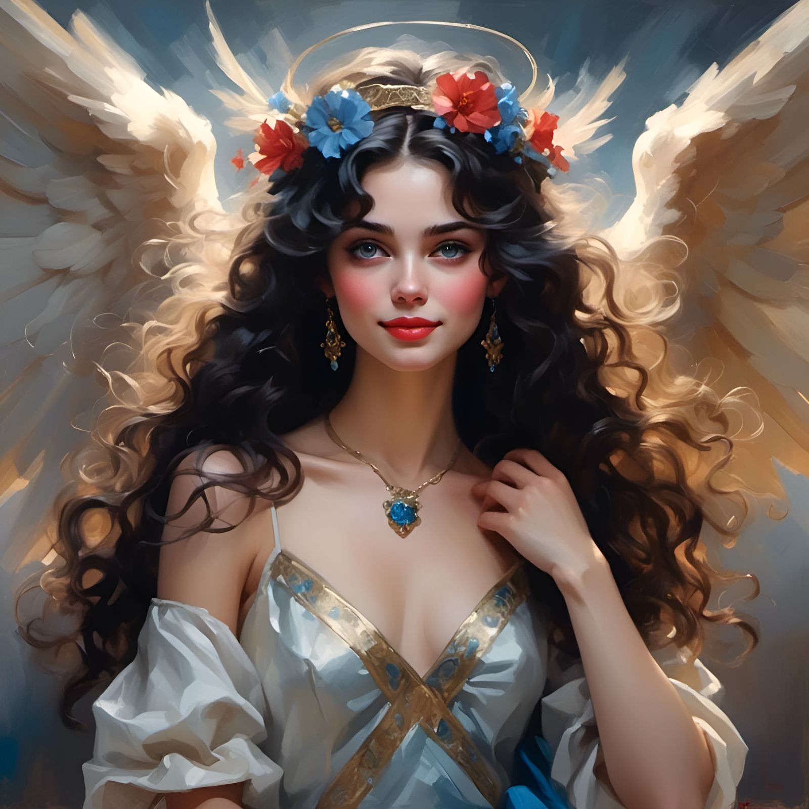 Angel with Black Curly Hair and Blue Eyes