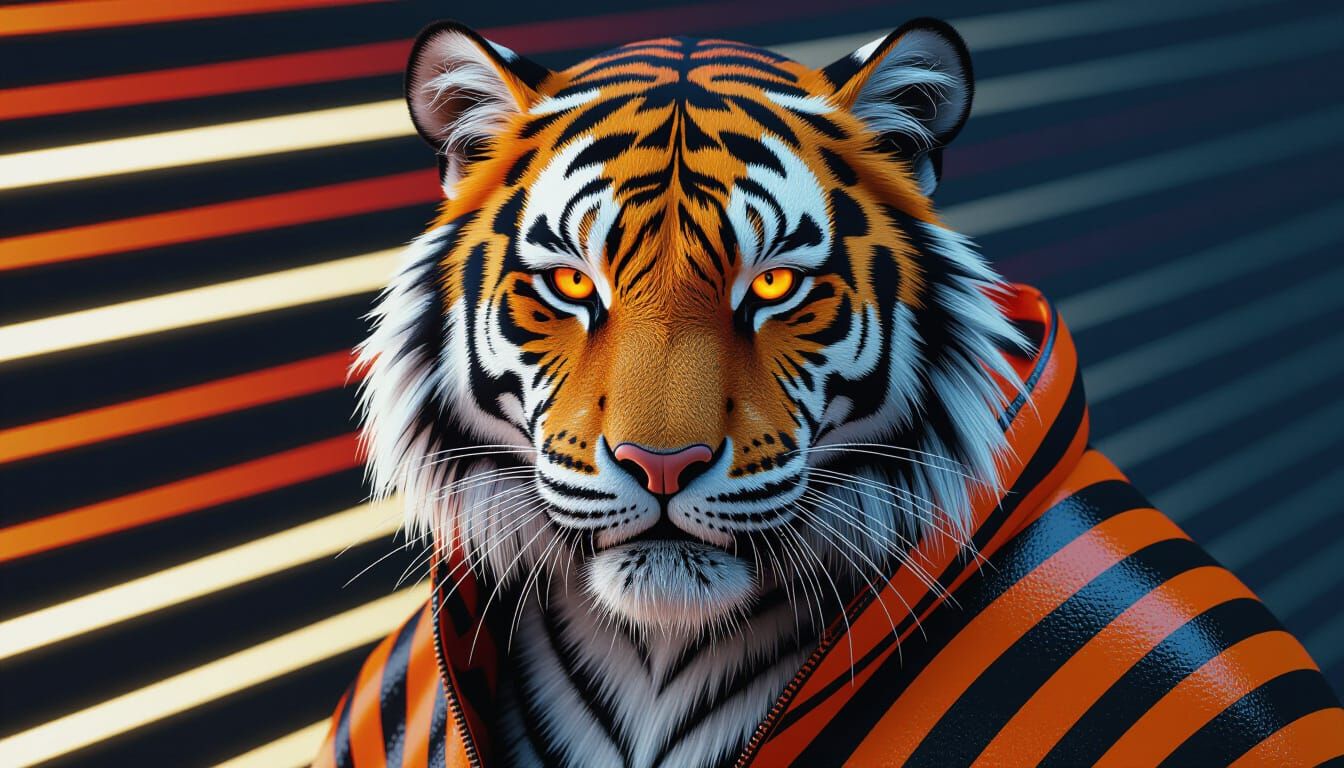 Tiger Blends into Striped Background in Digital Art Style