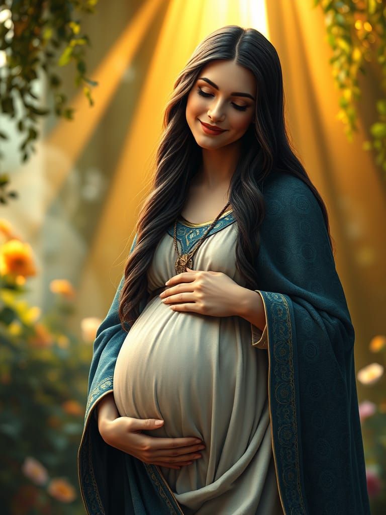 Gentle Mother of Nazareth in a Vibrant, Fantastical Landscap...