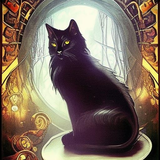 Black Cat in Witch's Den: Dark Fantasy Art
