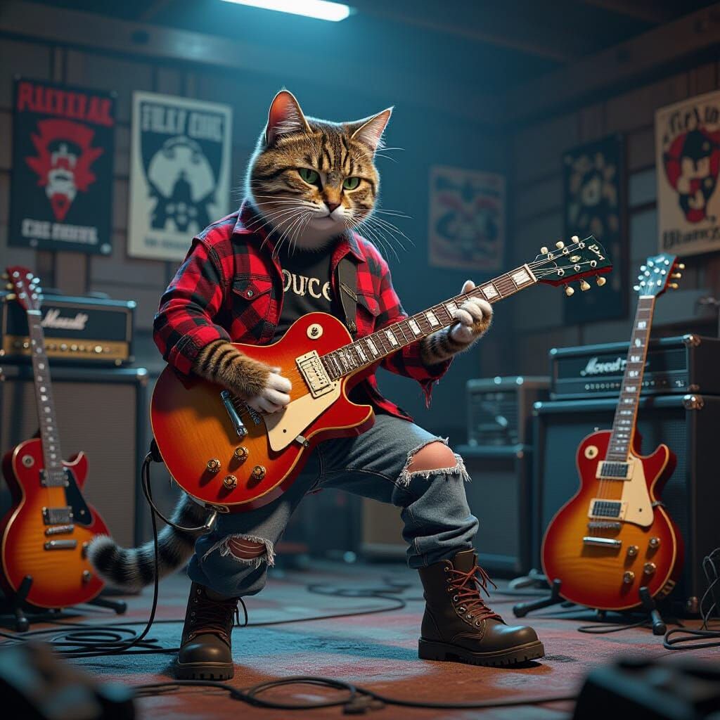Grunge Cat Shredding Guitar: Detailed Matte Painting