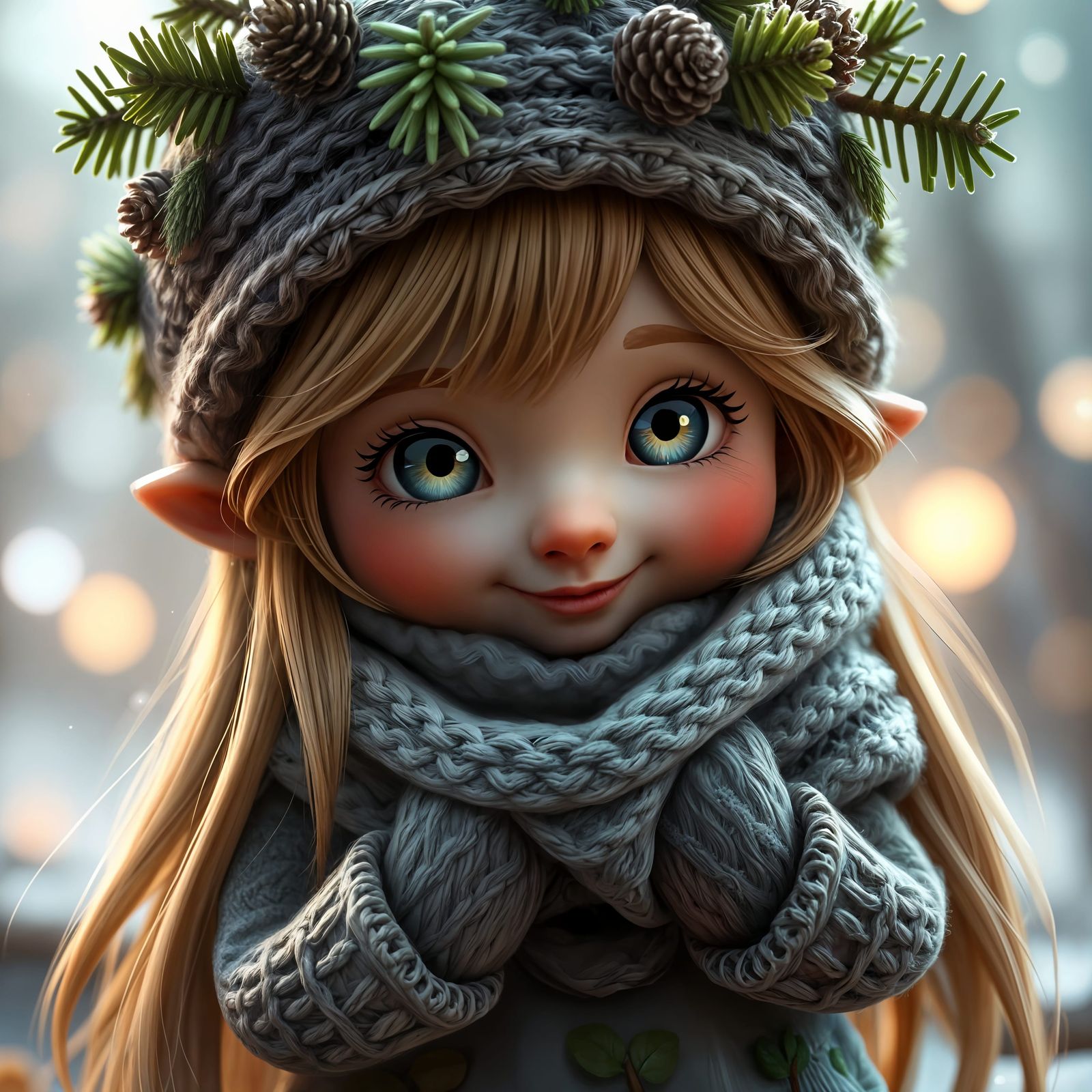 Cute Gnome Girl in Winter Fantasy Landscape
