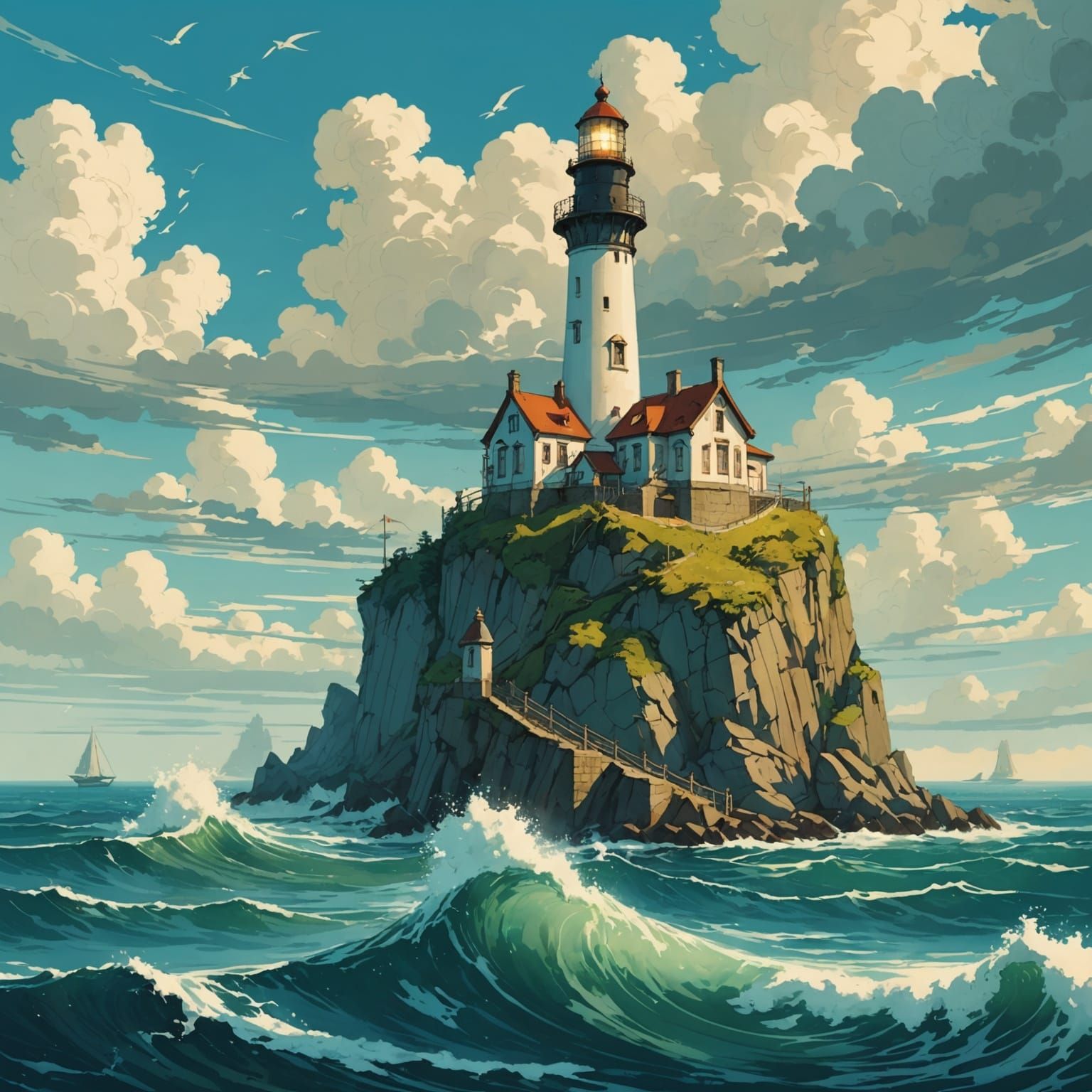 Majestic Lighthouse in Baroque Oil Painting Style