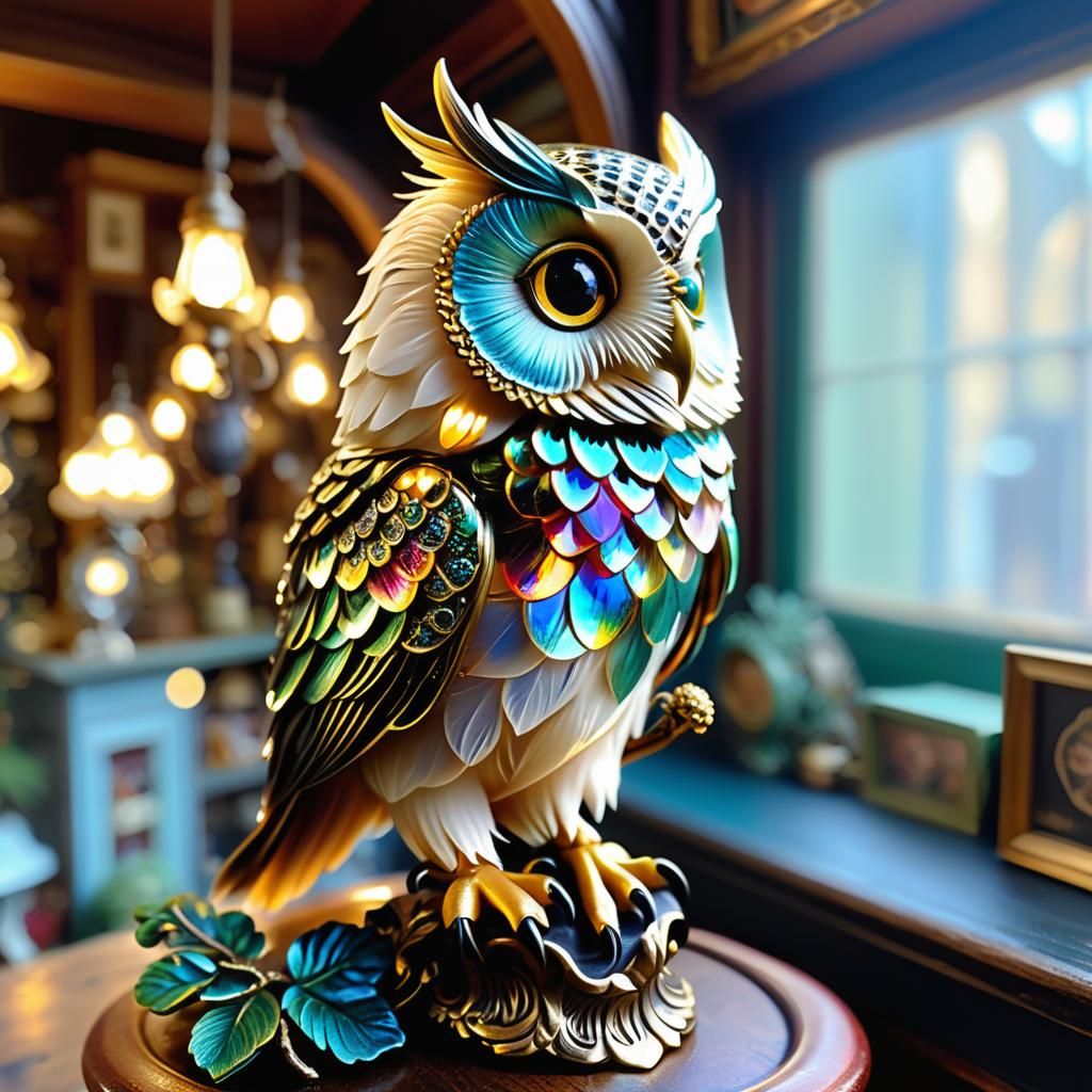 Iridescent Owl Oddity in Antique Shop, Hyperrealistic Detail