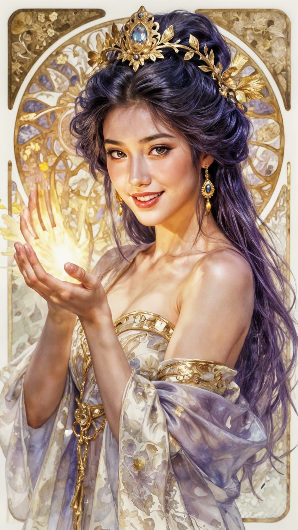 Asian Goddess Portrait in Art Nouveau Watercolor Style