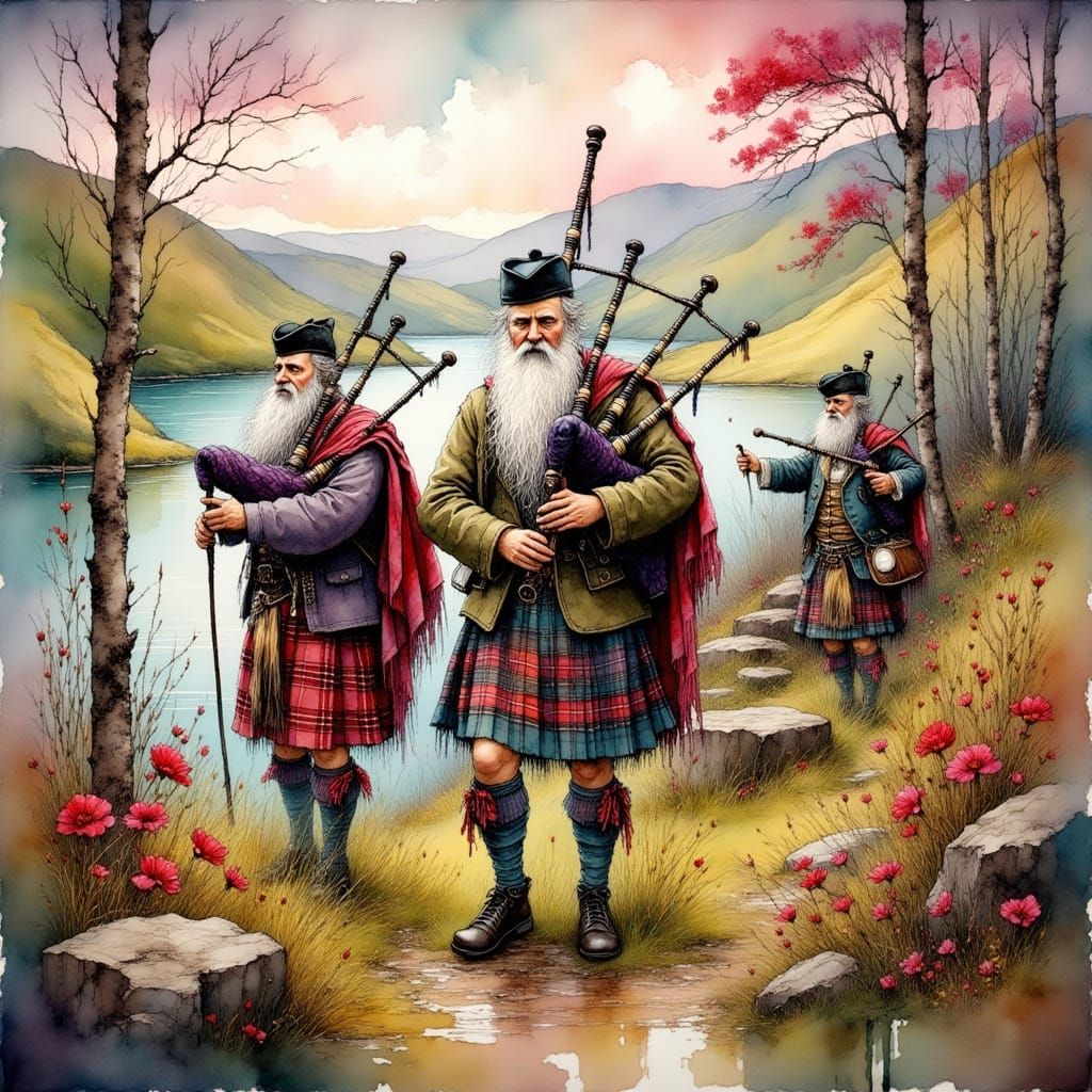 Bagpipers in the Scottish Highlands, Oil Painting Style