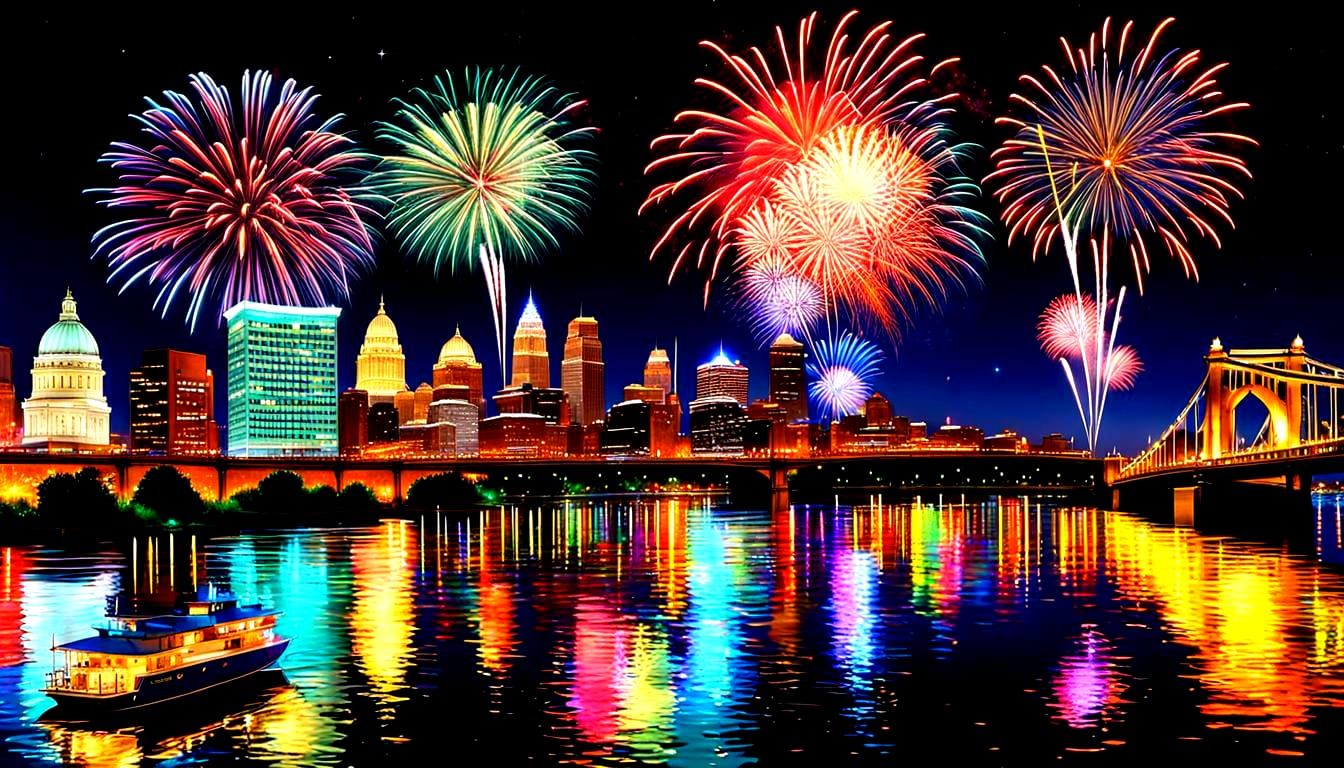 Cincinnati Fireworks Display at Nighttime