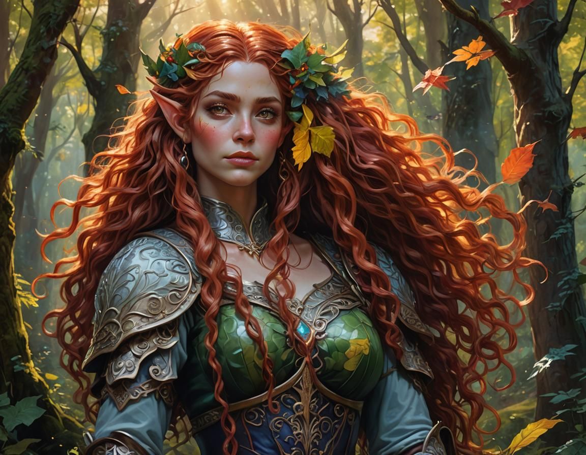 Voluptuous Elf in Colorful Forest, Vibrant Oil Painting