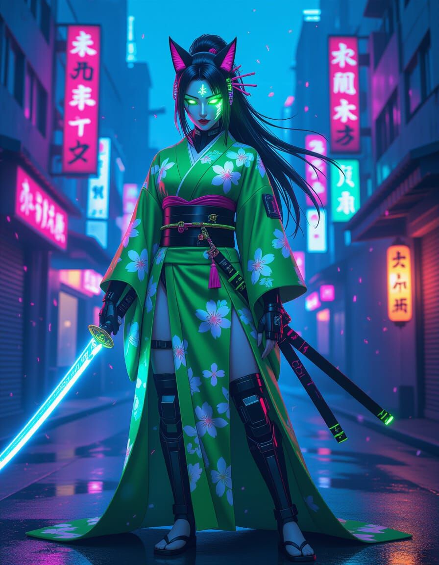 Cyberpunk Kitsune Kanae with Energy Katana in Neon City