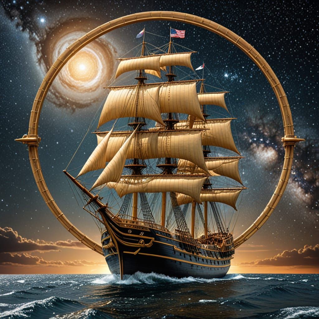 Golden Tall Ship Sailing Through a Dimension Portal