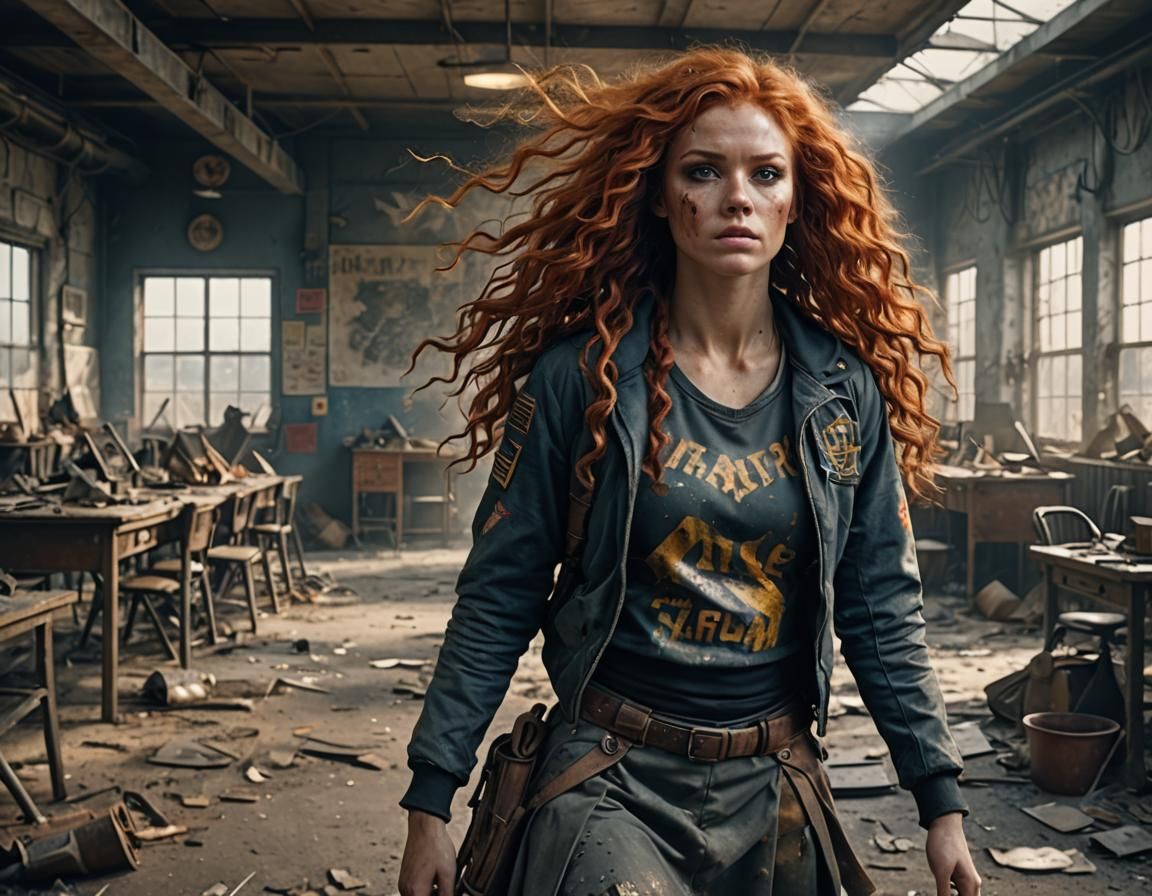 Post-Apocalyptic Cheerleader with Red Hair: Digital Matte Pa...