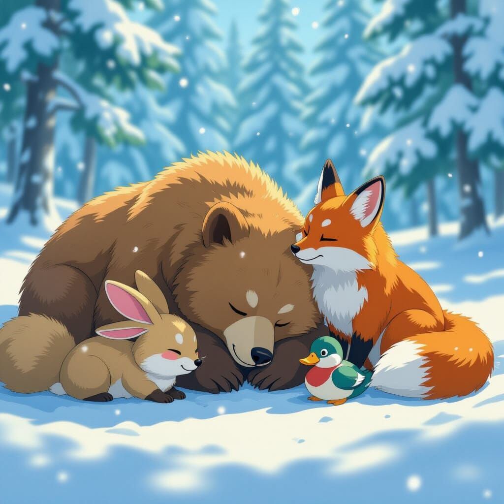 Fluffy Bear Sleeps in Snowy Scene with Animal Friends