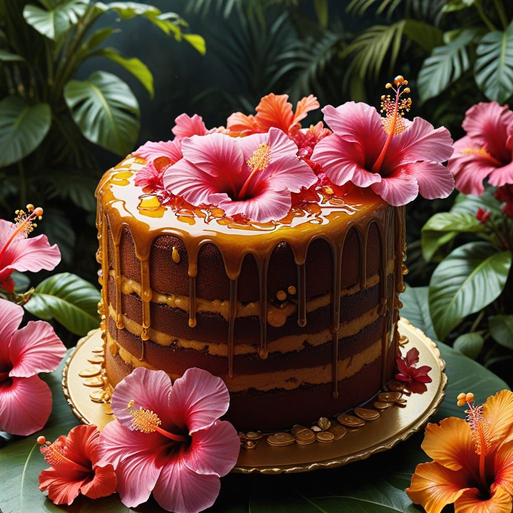 Hawaiian Paradise Still Life with Honey Cake and Hibiscus