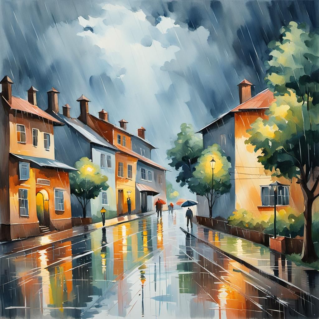Rainy Country Town in Gouache Watercolor Style