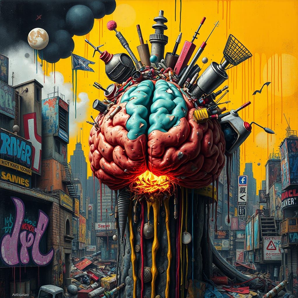 Surreal Cityscape with Melting Brain in Vibrant Street Art S...