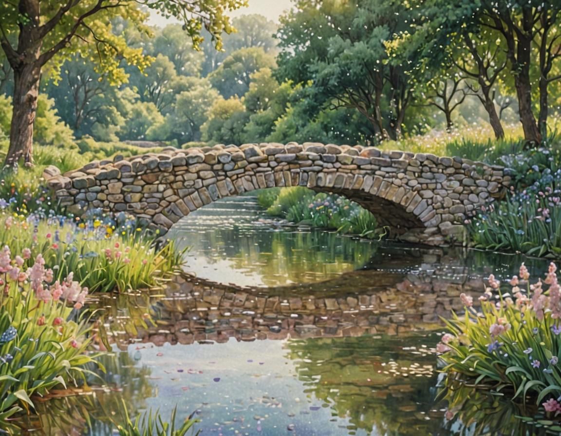 Pointillist River Scene with Medieval Bridge in Pastel Hues