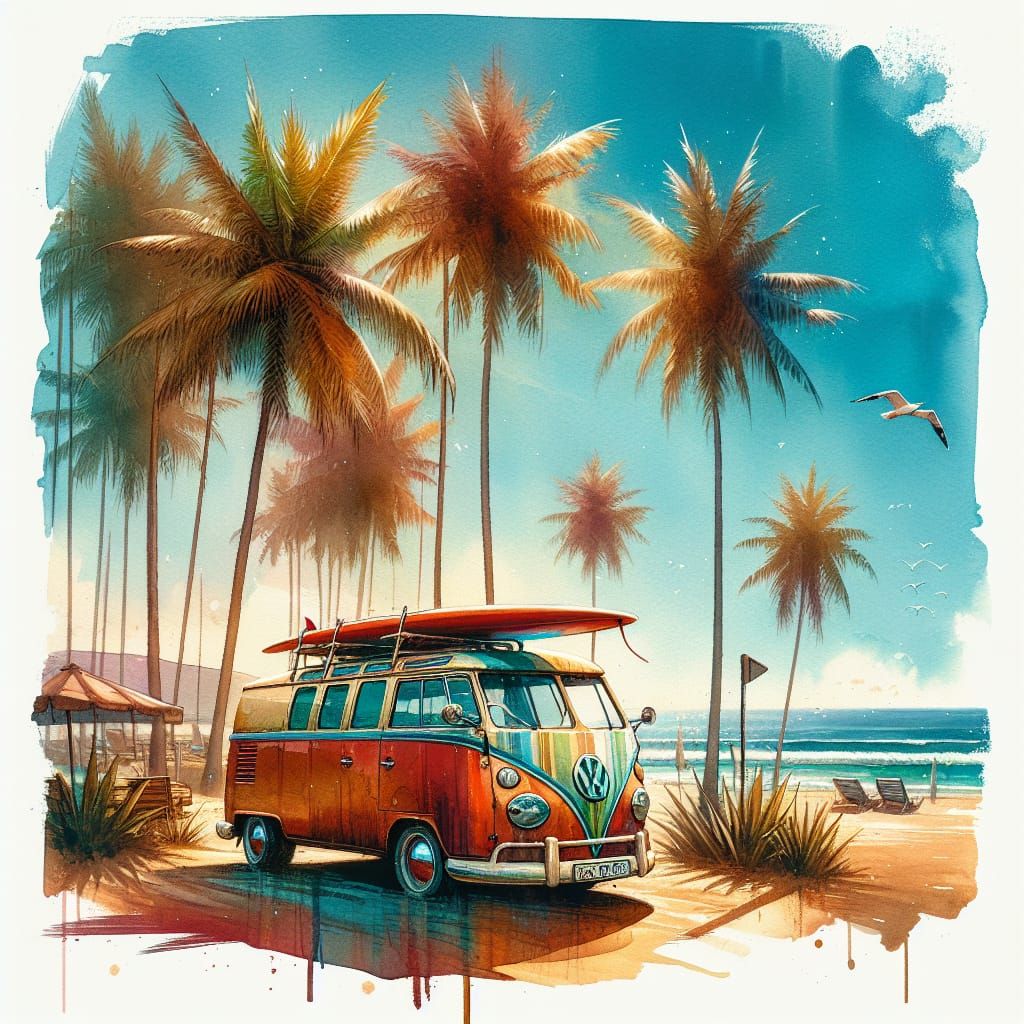 Vintage VW Van on Beach in Watercolor Style
