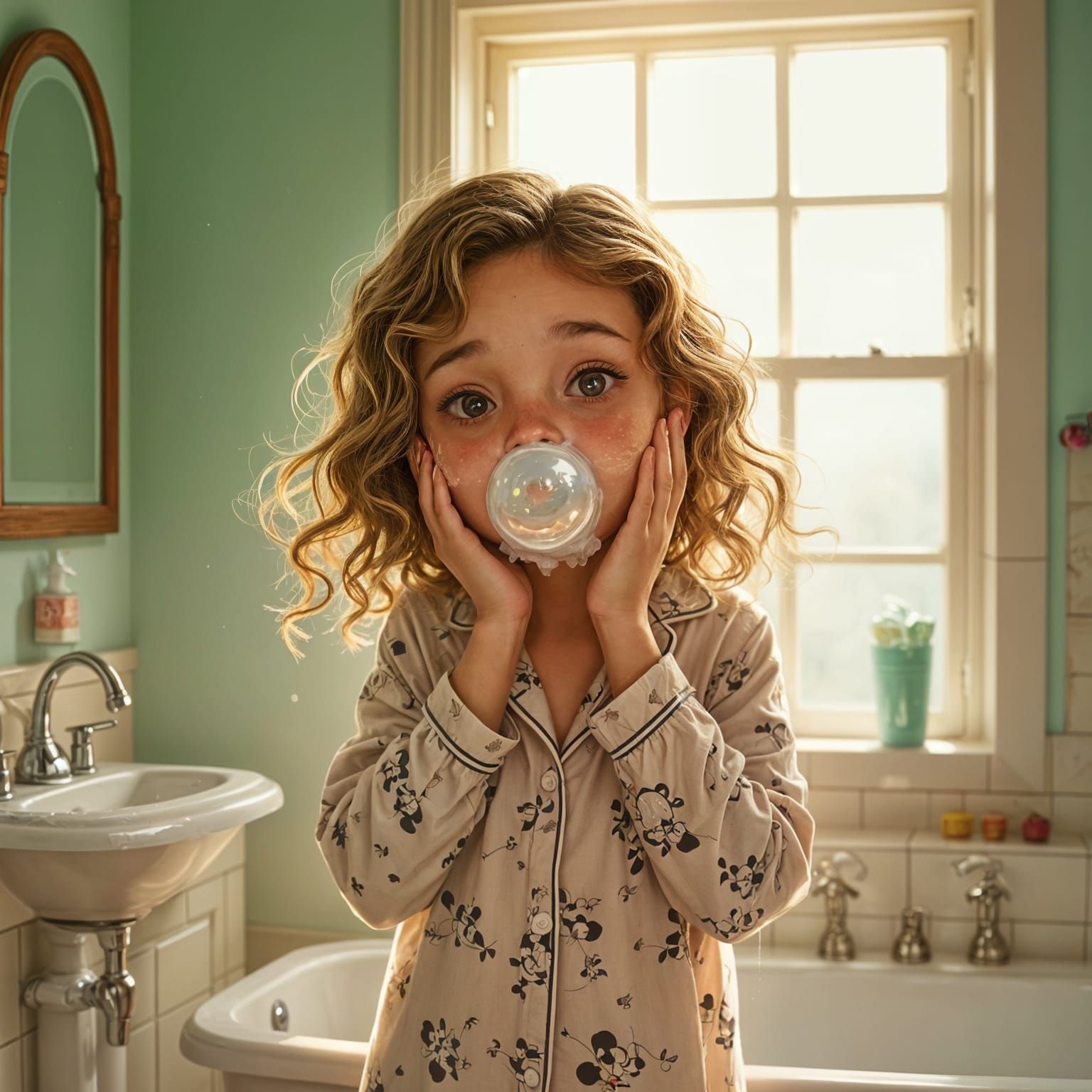 Girl in Pajamas Washing Face in Bathroom