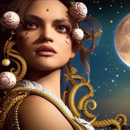 Woman Gazing at Stars: Detailed Collage Illustration