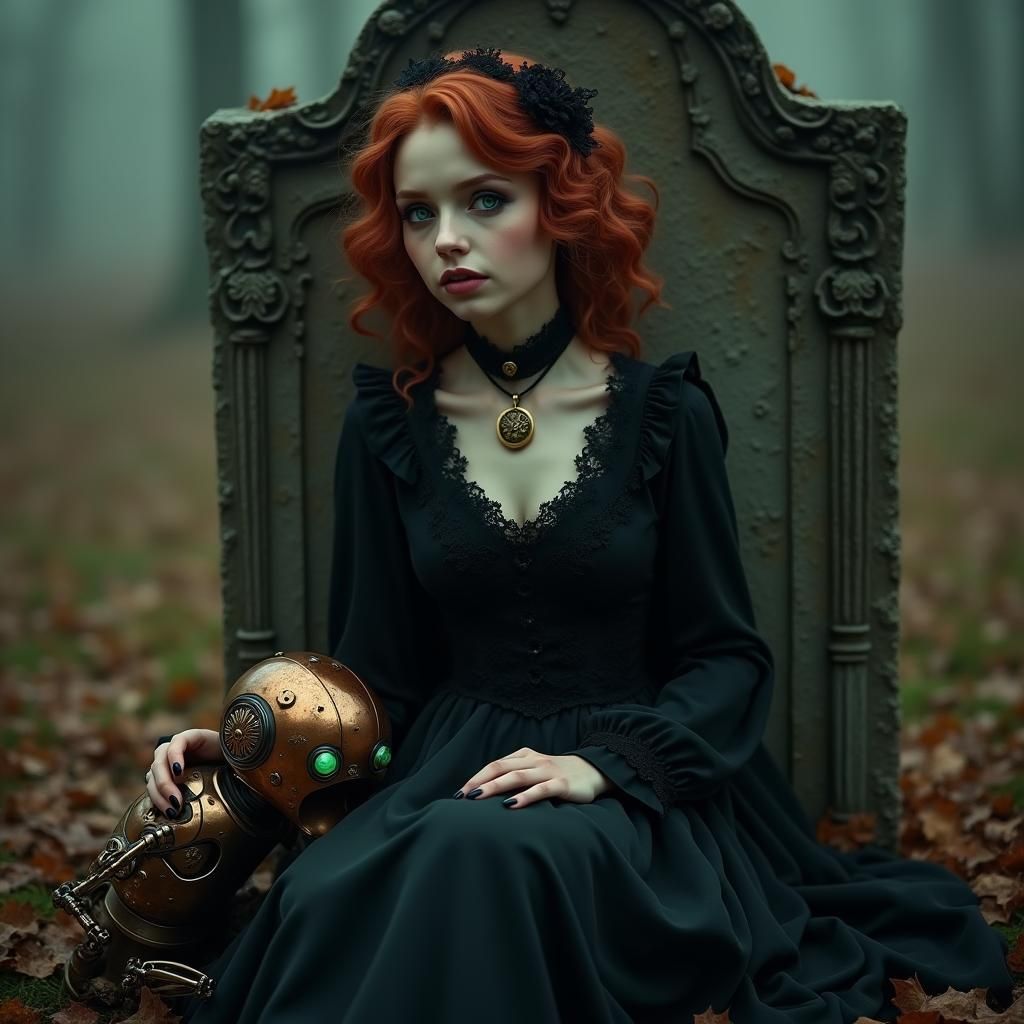 Gothic Woman with Robot Beside Grave