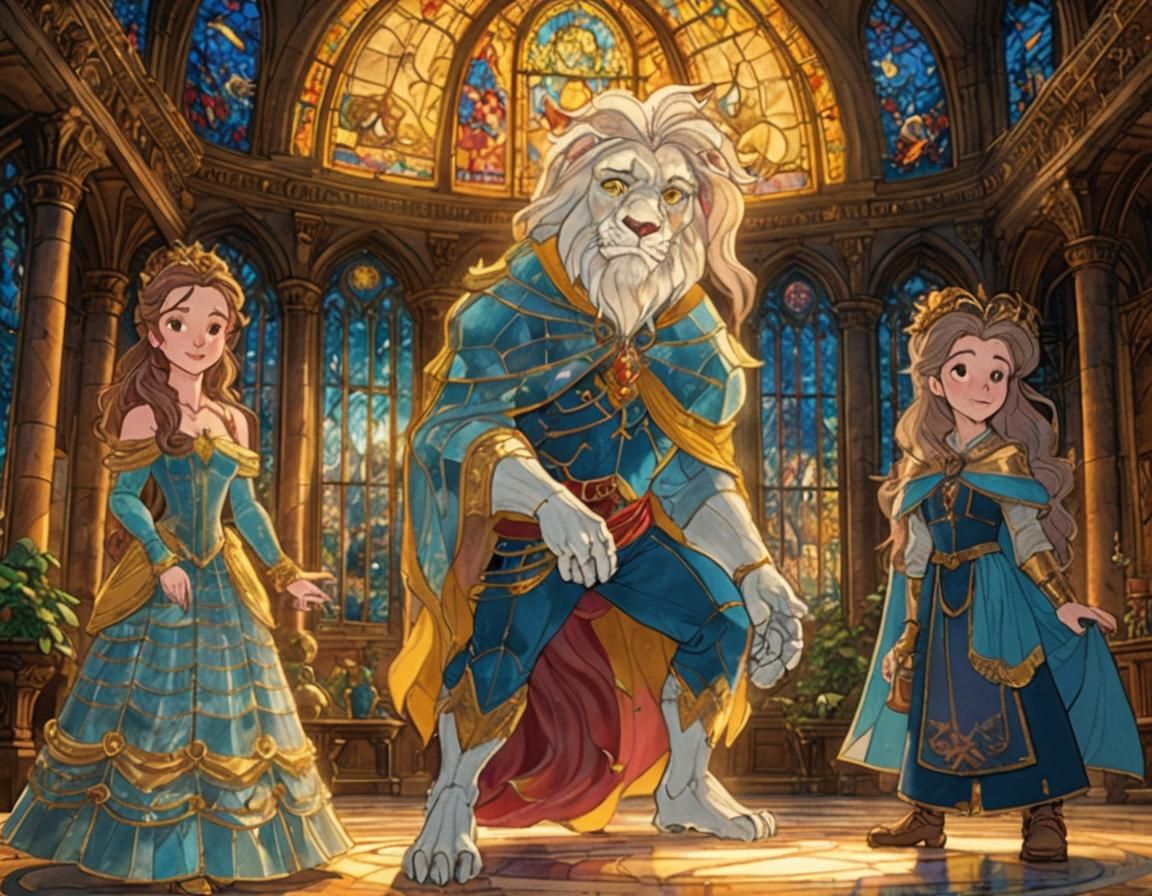 Belle and Beast in Mystical Ballroom, Fantasy Art