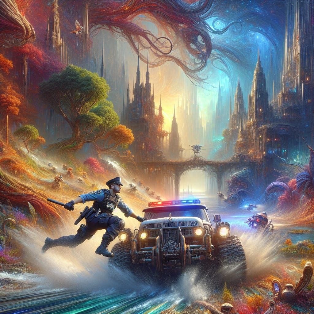 Fantasy Chase: Police Officer in Concept Art Landscape