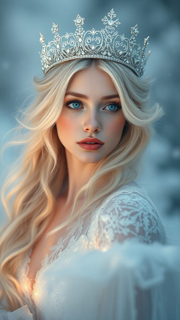 Ethereal Snow Queen with Ice Crown in Frozen Realm