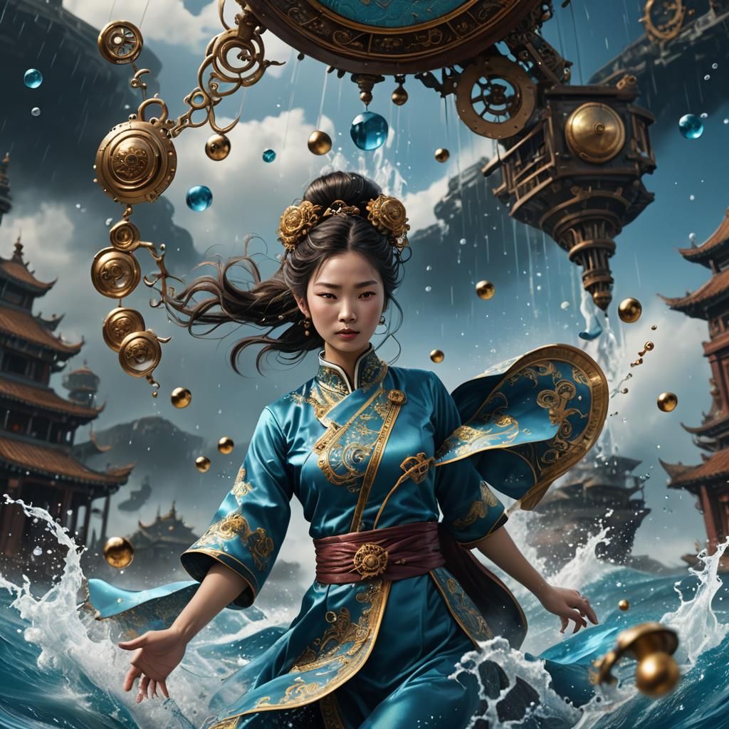 Steampunk Cheongsam Backflip in Detailed Fantasy Art