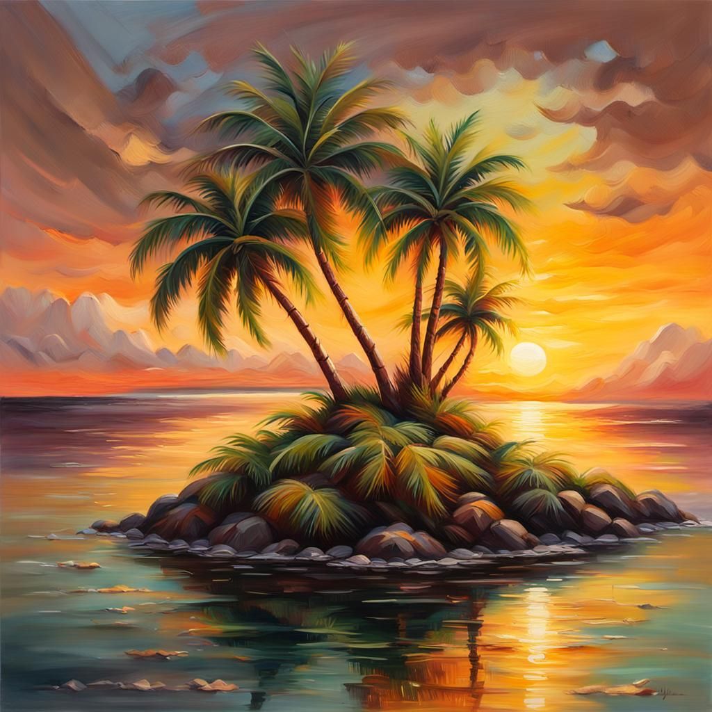 Palm Tree Island in Impressionistic Oil Painting