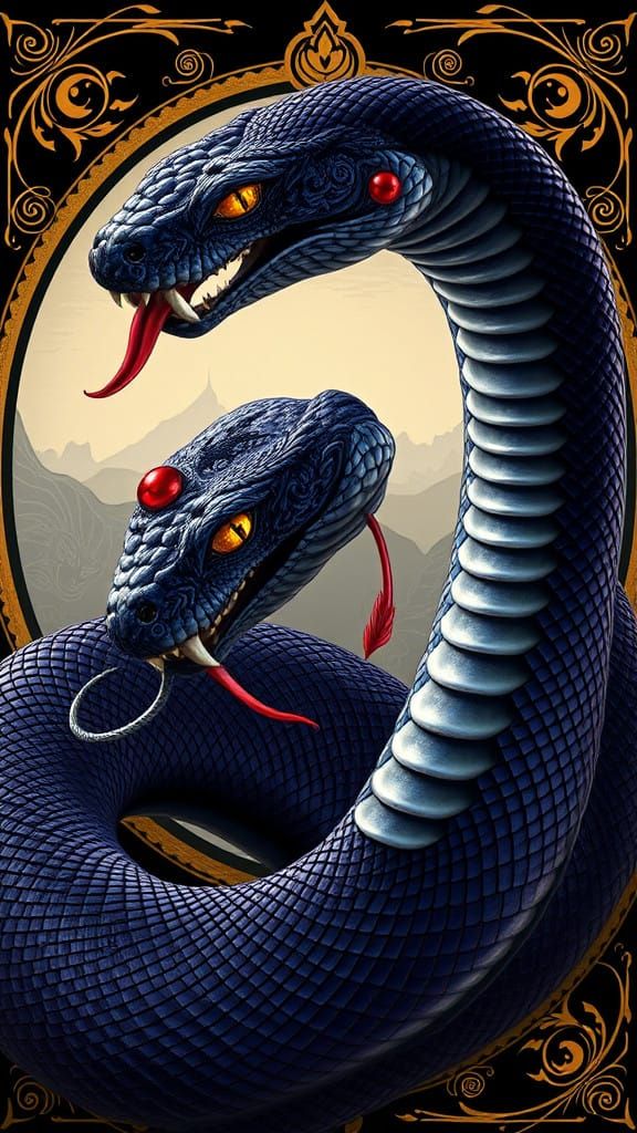 Dark Fantasy Digital Art of a Coiled Snake with Intricate De...