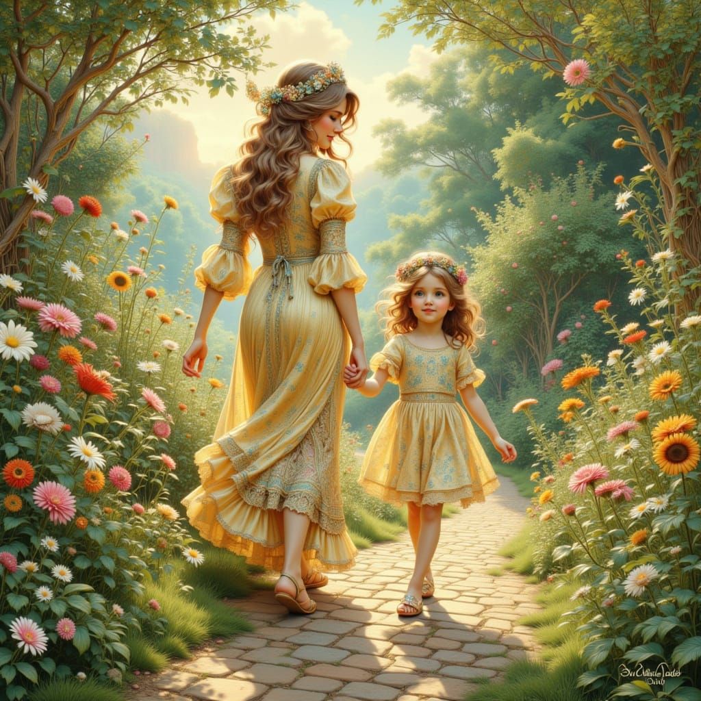 Art Nouveau Mom and Daughter in Fantasy Garden