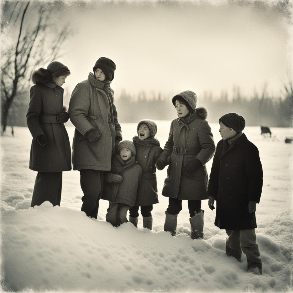 Family in Snowdrift: A Cinematic Film Still