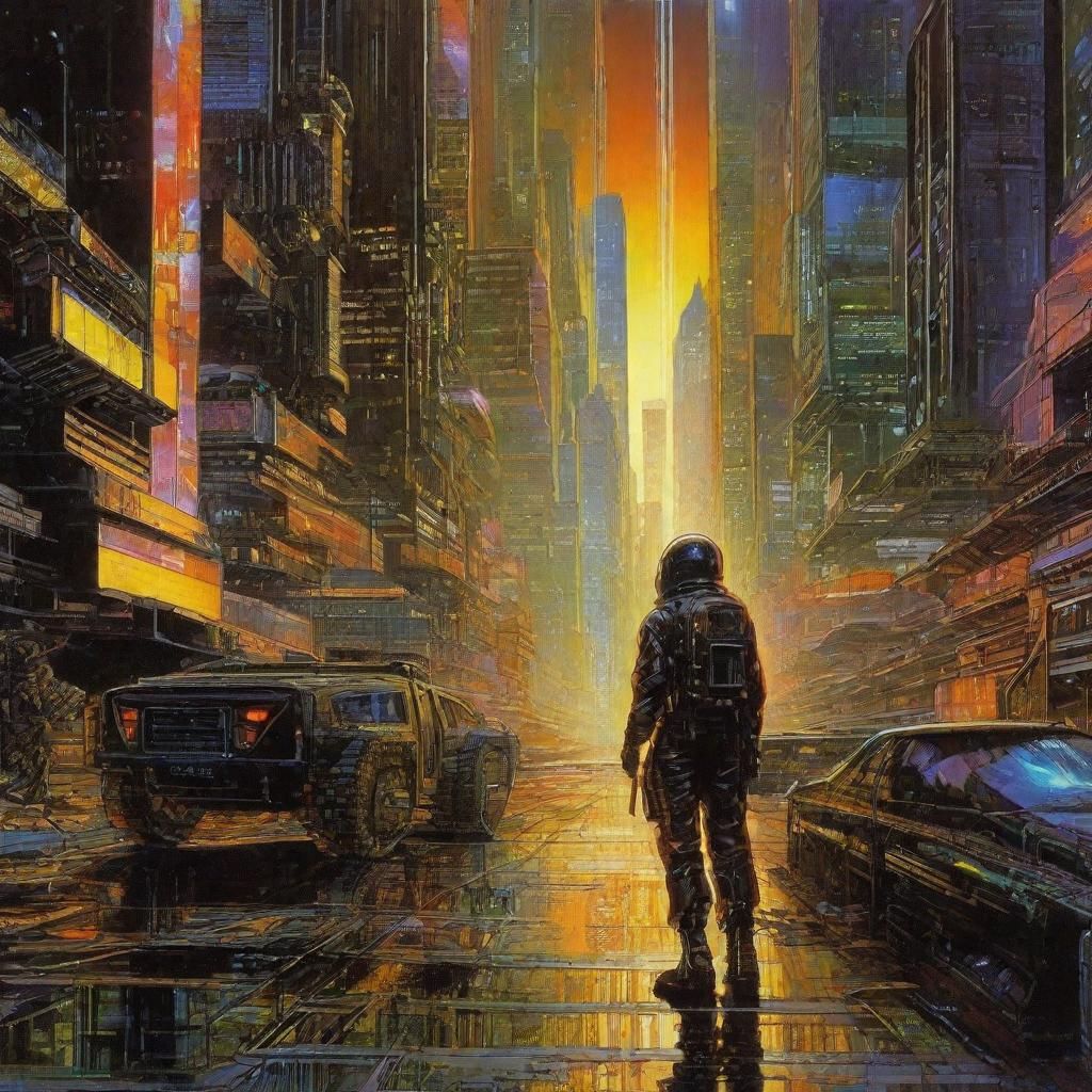 Art by Noriyoshi Ohrai and Syd Mead, futuristic wasteland sc...