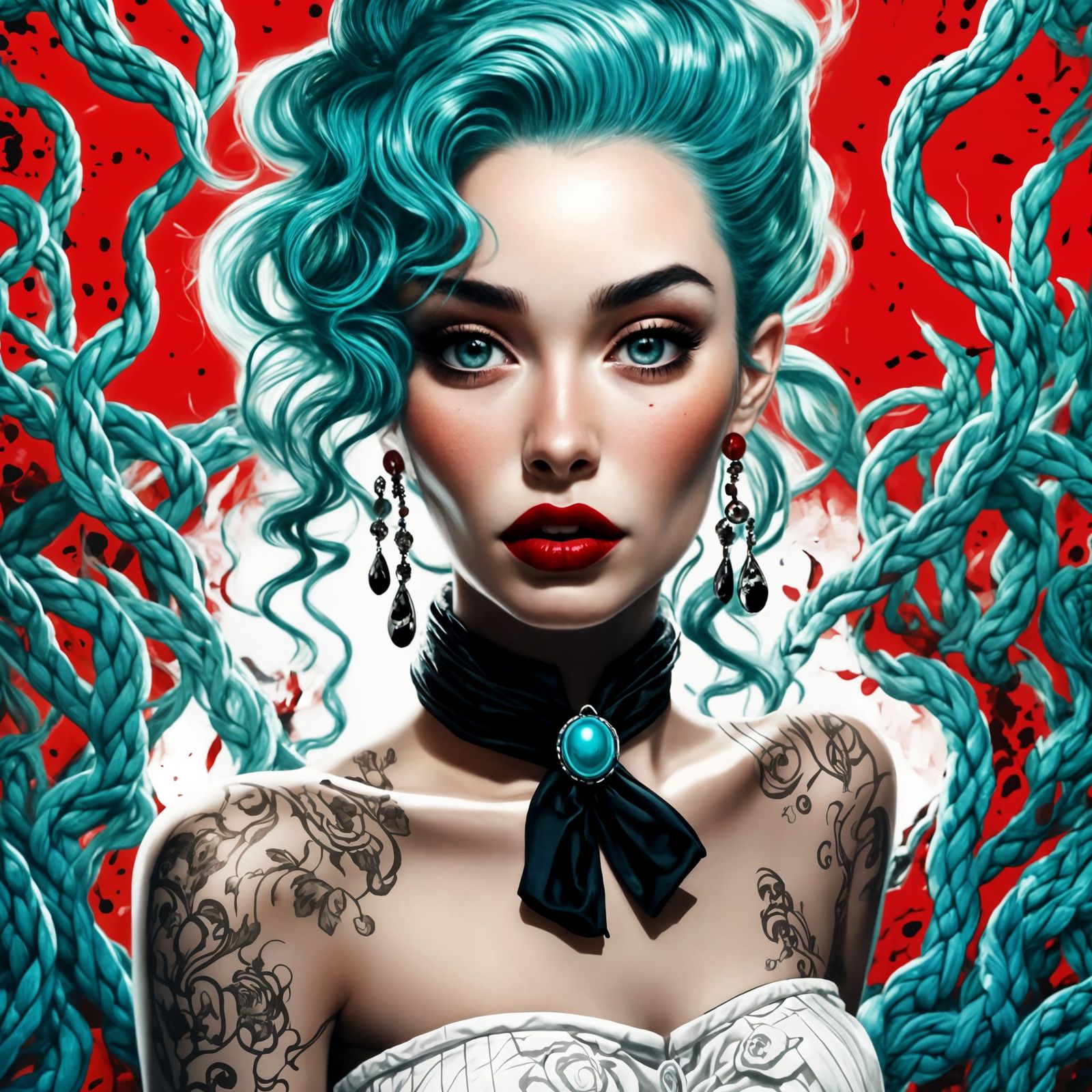 Hyperrealistic Woman in Hat with Turquoise Hair