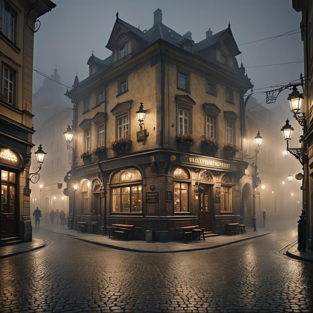 Old Czech Pub in Prague on Foggy Night
