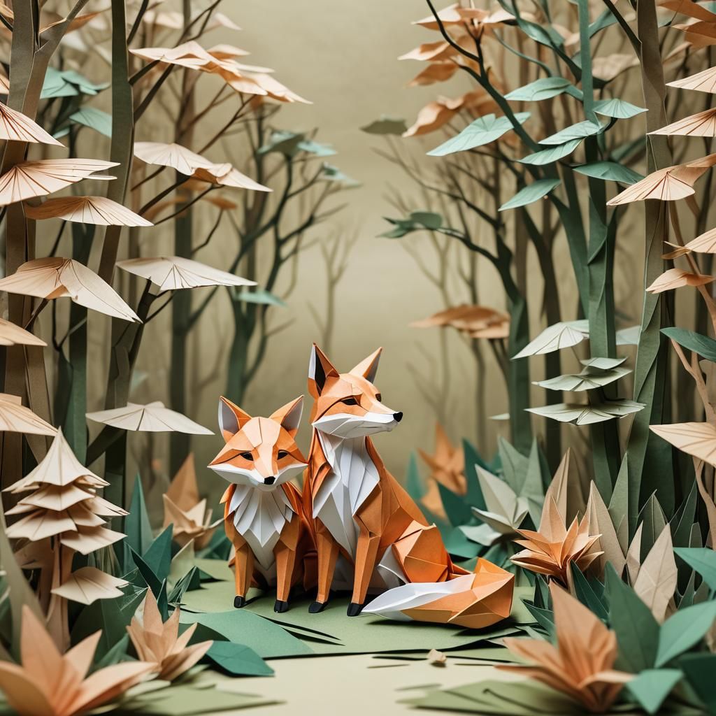 Origami Fox and Cub in Paper Forest