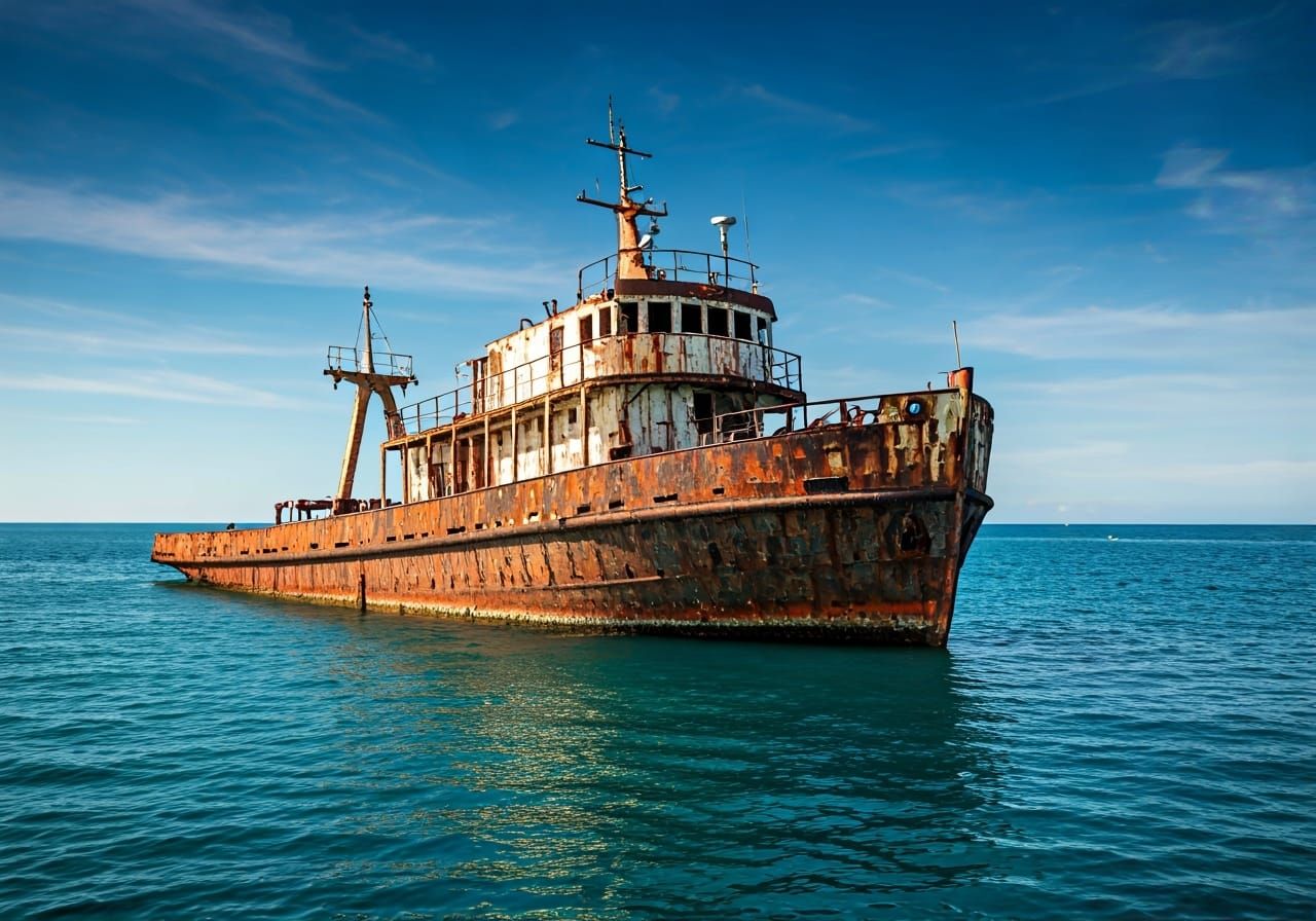 Abandoned Ship Adrift in Turquoise Ocean, Fine Art Photograp...