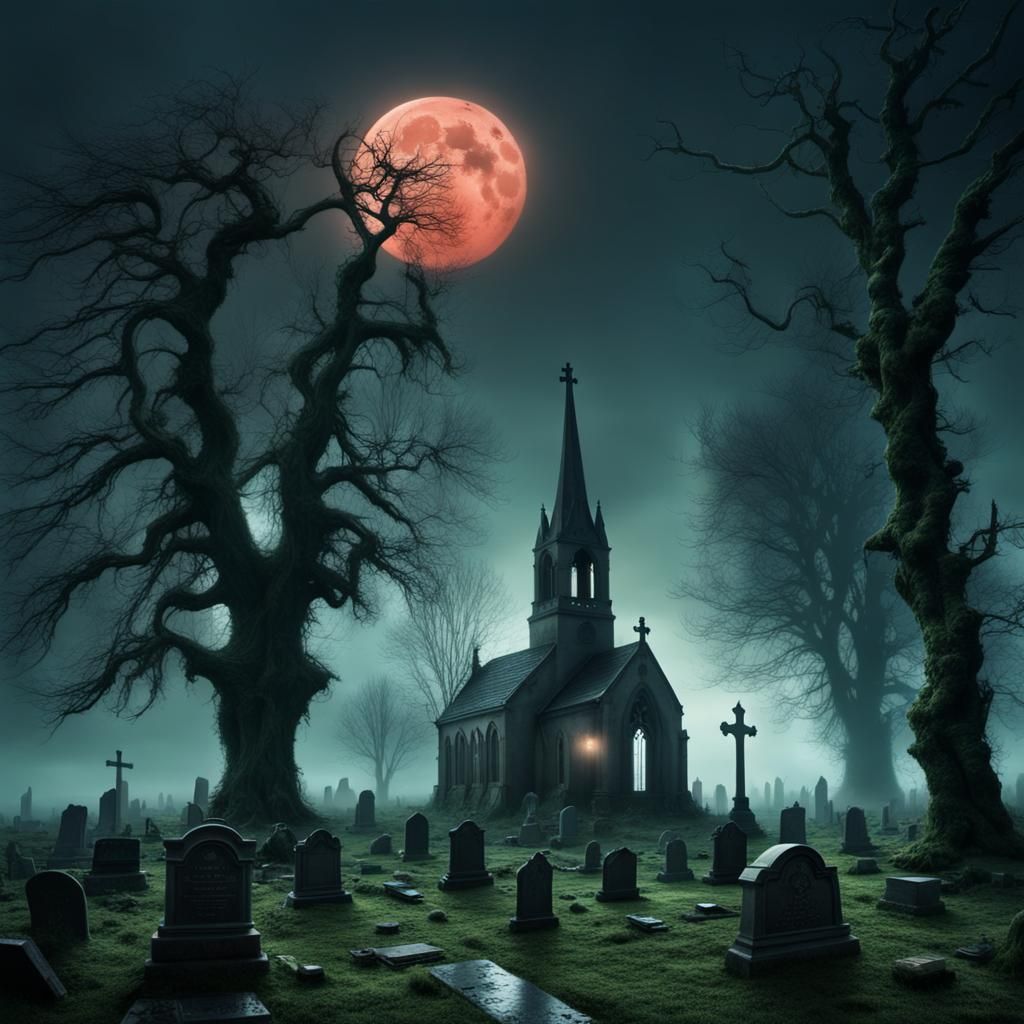 Eerie Graveyard Under Blood Moon Digital Painting