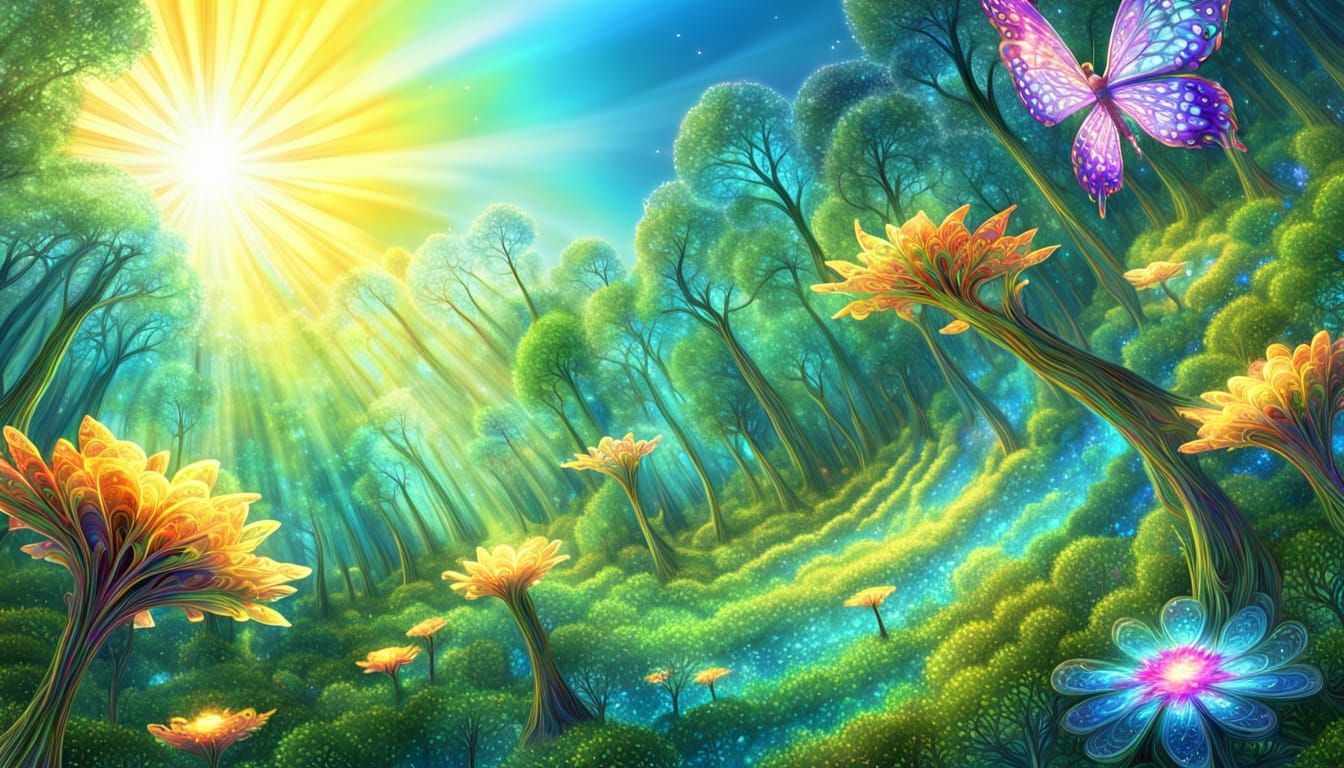 Fairy Flying Over Woodlands in Fractal Art Style