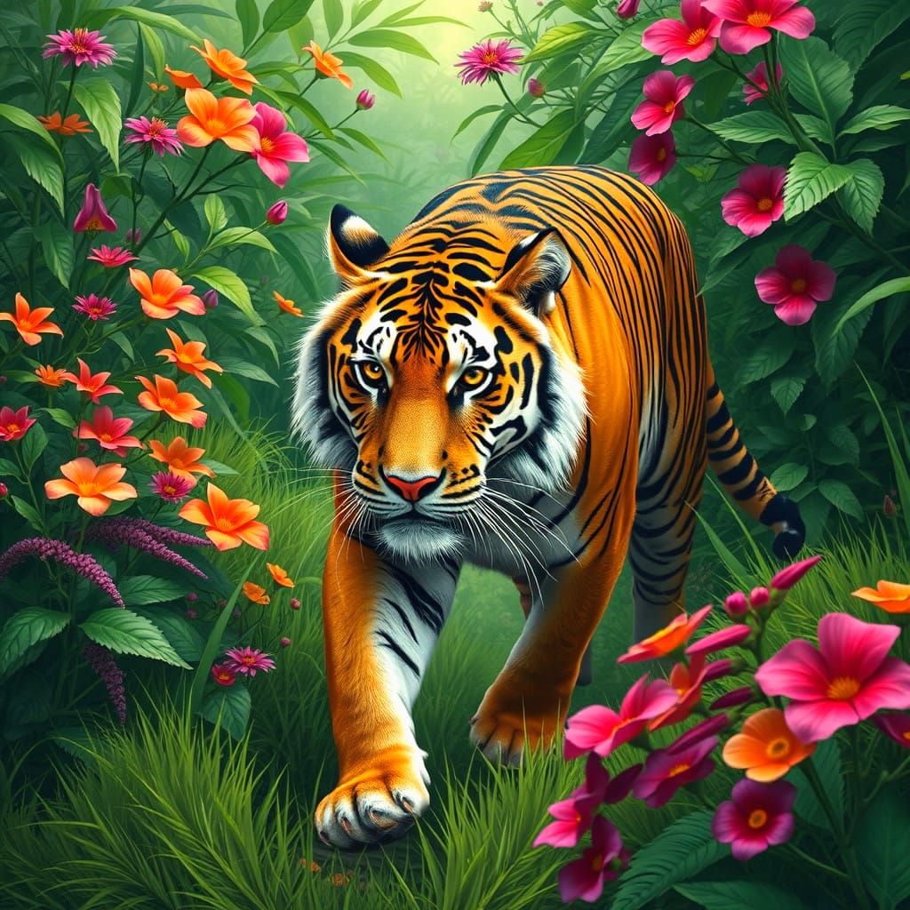 Tiger Roams Lush Jungle in Vibrant Colors