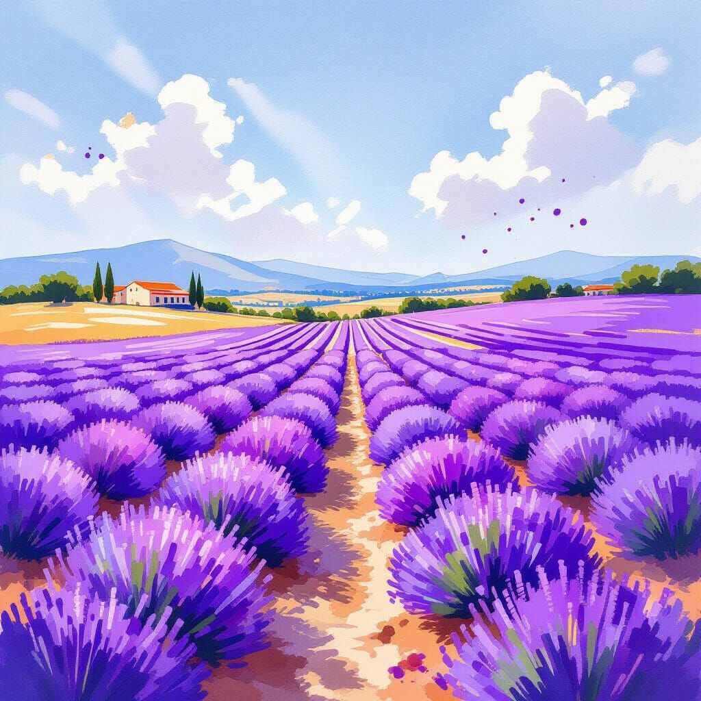 Mediterranean Lavender Field Gouache Painting in Purple