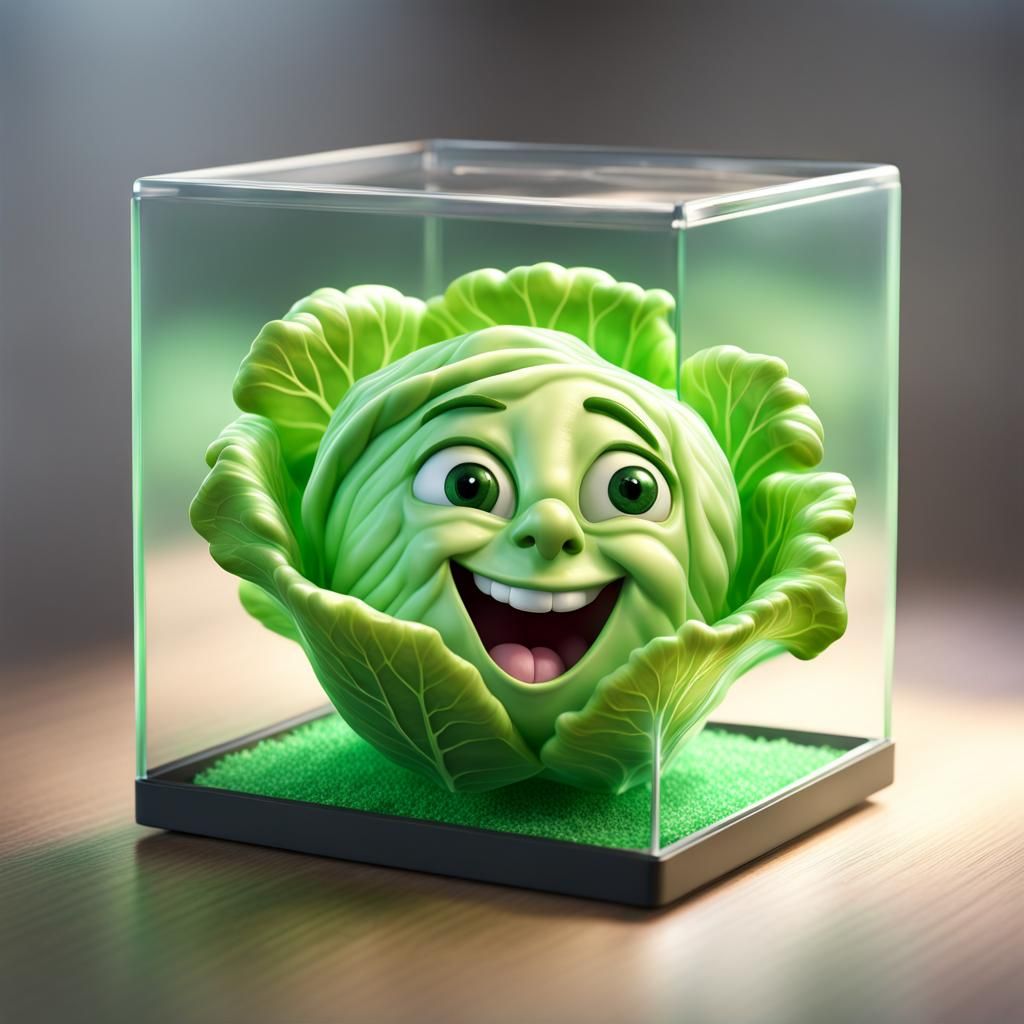 Happy Plastic Cabbage in Carpeted Cube, CGI Diorama