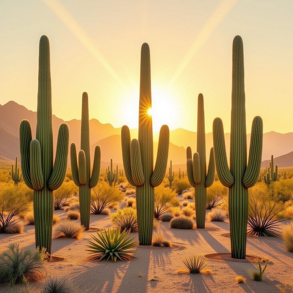 Monumental Cacti Cathedral in Golden Desert Light