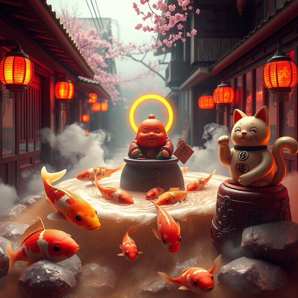 Surreal Koi Scene in Dreamy Japanese Alleyway with Neon and...